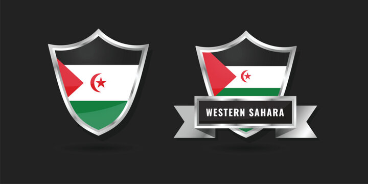 Glossy shield and silver banner set featuring the flag of Western Sahara (SADR). High-quality vector design representing Sahrawi national identity and territory for educational use.