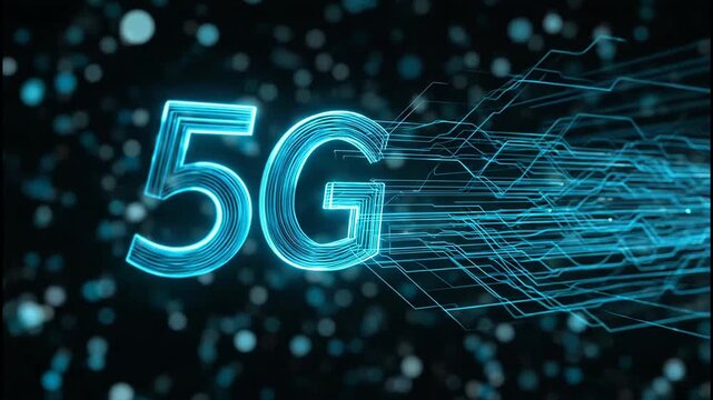 A futuristic digital artwork showcases the '5G' logo enveloped in a network of glowing blue lines against a dark, speckled background, symbolizing advanced connectivity and technological innovation.