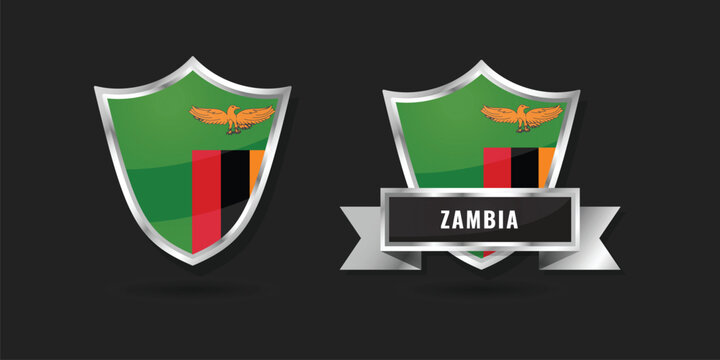 High-quality vector set featuring the Zambia flag inside a silver shield and a metallic ribbon label. Professional graphics for international business, sports, and geography themes.