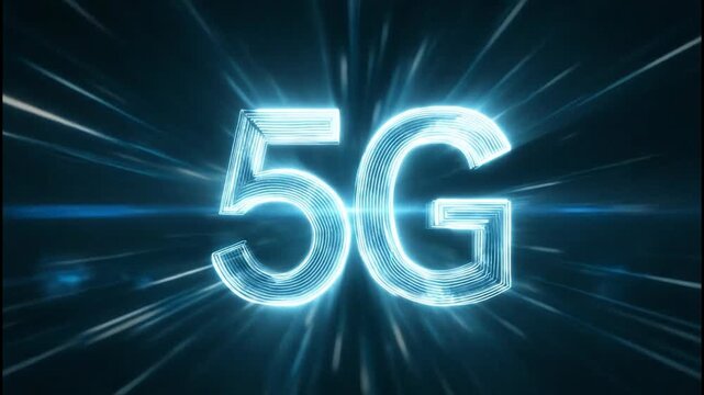 A vibrant, futuristic depiction of the '5G' logo radiates with energy against a dark background, symbolizing speed and advanced technology.