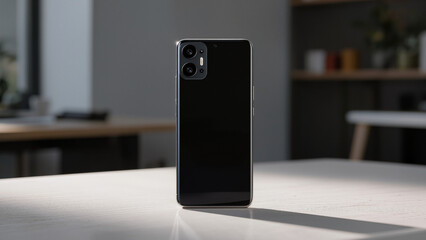 Rear view of black smartphone. ​Prominent triple camera module design. ​Glossy back reflecting soft light. ​Standing upright on white table. ​Modern tech device in office. © Creative 