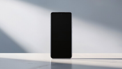 Frontal view of black screen phone. ​Minimalist mockup with dark display. ​Standing upright on white marble. ​Dramatic diagonal light and shadow. ​Sleek smartphone with thin bezels. © Creative 