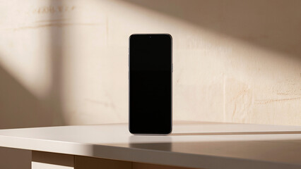 Smartphone stands upright on white table. ​Vertical device with black obsidian screen. ​Warm sunlight hits textured beige wall. ​Minimalist technology in soft morning light. ​Sleek mobile hardware  © Creative 