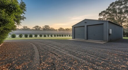 Obraz premium Dark Metal Garage with Dual Doors on a Rural Gravel Driveway with Morning Fog