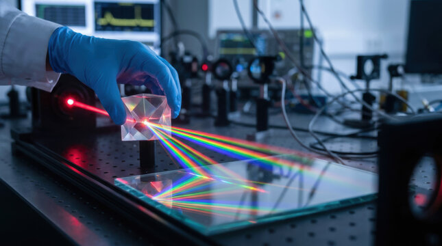 R&D Engineer, Laser beam experiment with prism creating rainbow light spectrum in laboratory