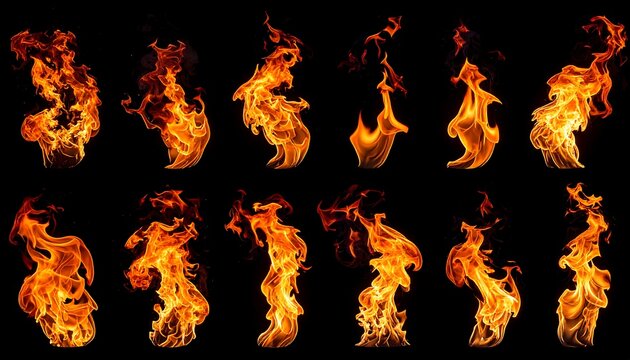 Set of Isolated Realistic Flame Elements on Black Background.