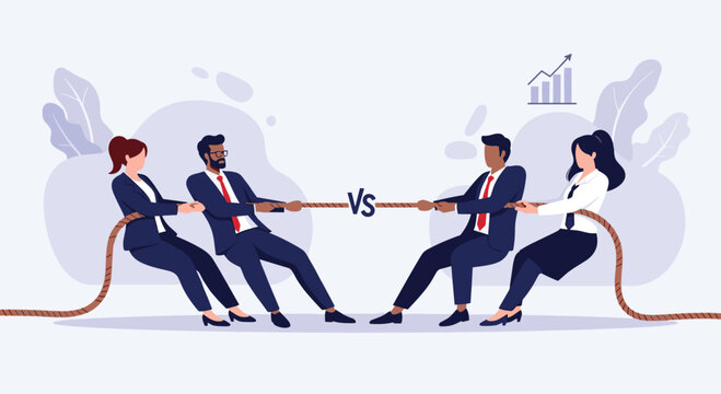 Two teams of professional businessmen and businesswomen engaged in a tug of war competition representing corporate rivalry.