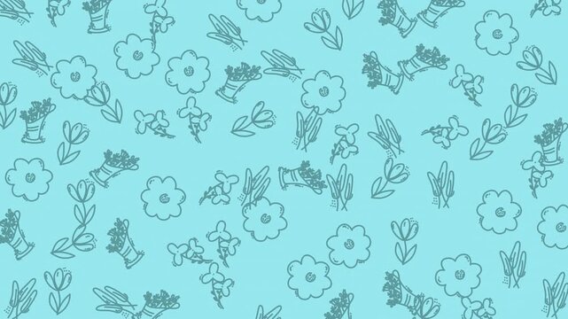 Charming hand-drawn flower and leaf doodles on a bright cyan background, featuring a seamless loop of creative floral line art for nature-themed video backgrounds.