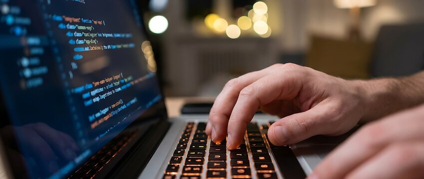 Person's hands on a laptop keyboard, coding on computer, displaying programming code on screen with warm ambient lighting.