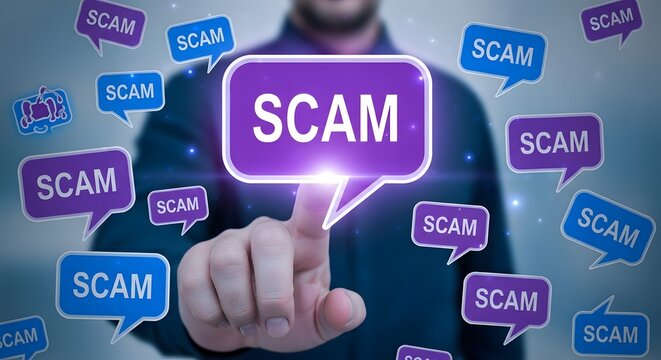 Man pointing finger at scam message bubble surrounded by multiple scam speech bubbles