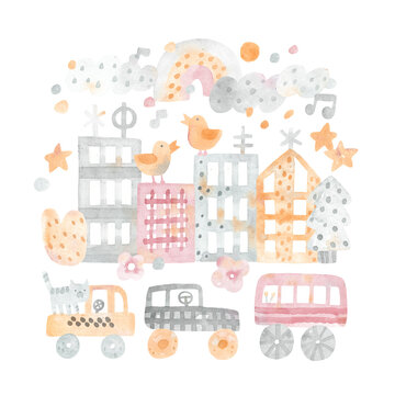 Watercolor city background. Childish illustration with buildings and cars. Design for poster, card, bag and t-shirt, cover. Watercolor illustration. Baby style.