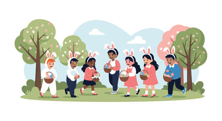 Fototapeta premium Happy diverse children wearing bunny ears and holding baskets while participating in an outdoor Easter egg hunt in a park.
