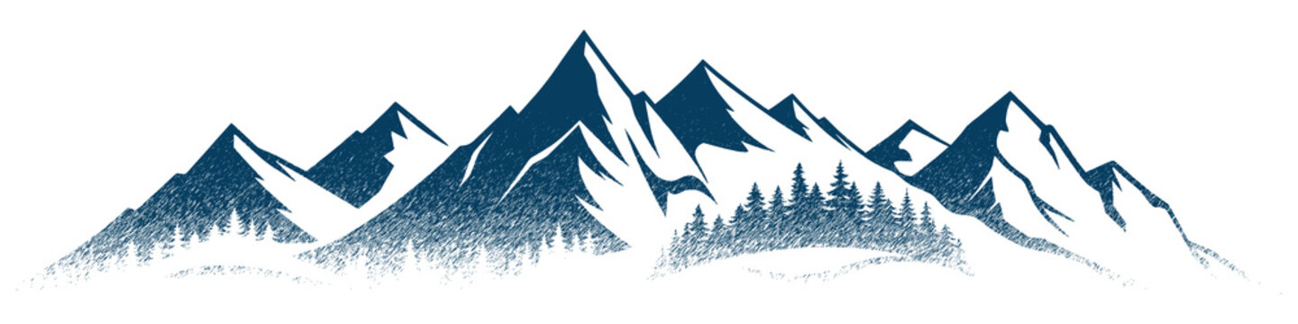 Vector sketch, mountains and forest, imitation of a pencil drawing, isolated on white background