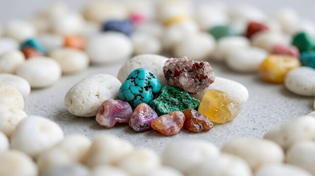 Flat lay of rounded stones with mostly white pebbles and scattered vibrant colors