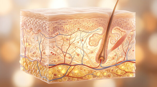 Cross section of skin structure highlights the hair follicle and adipose tissue. 3D rendering.
