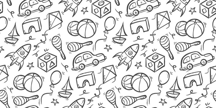 Children toys doodle background. Kid toys pattern background. Cute education games seamless pattern. Childhood playtime hand drawn pattern with kite, balls, car, ballon, block, rocket, puzzle, etc.