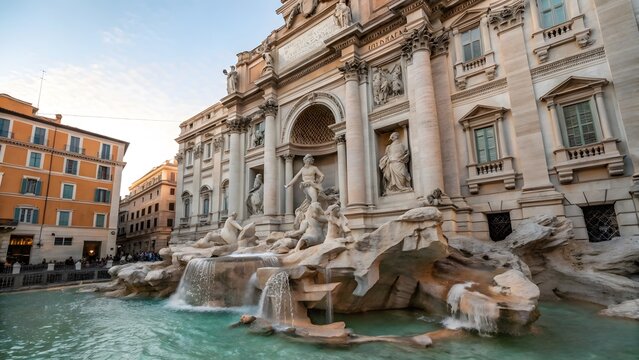 iconic trevi fountain in rome at golden hour with cascading water and baroque architecture