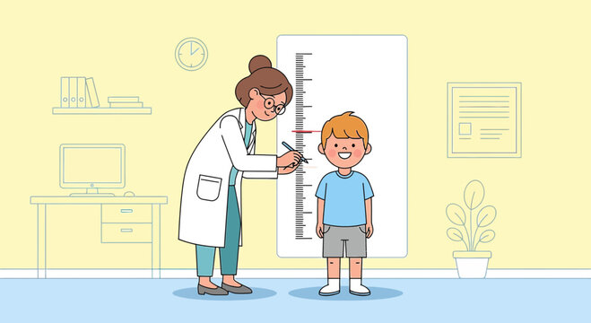 Doctor measuring child's height in clinic, pediatric checkup, growth measurement