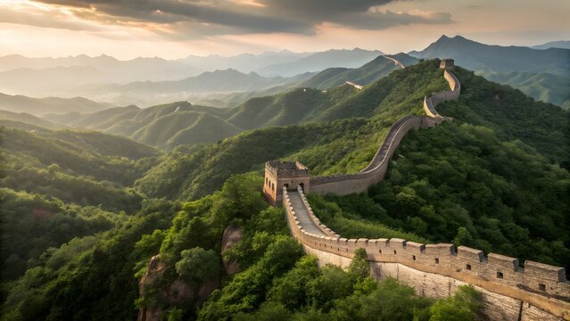 aerial view of the great wall of china winding through lush green mountains at sunrise