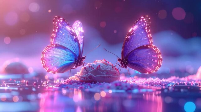Two butterflies on a frosted dessert, surrounded by bokeh, dreamy aesthetic
