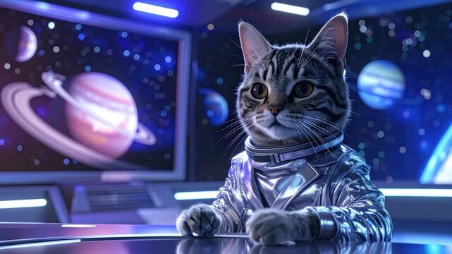 A cat astronaut in a futuristic space station, observing planets