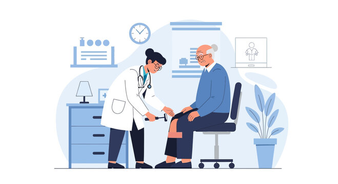 Doctor examining senior patient's knee reflex with reflex hammer in clinic