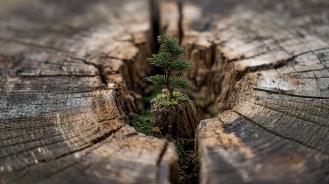 Young green conifer seedling grows from cracked weathered tree stump symbolizing renewal and resilience.