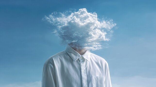 A human figure with a cloud for a head stands against a clear blue sky, wearing a light striped shirt.