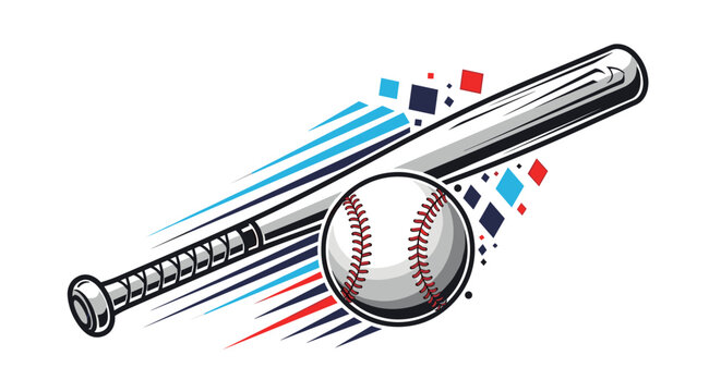 Dynamic illustration of a baseball bat hitting a ball with colorful abstract shapes and lines signifying speed and impact motion.