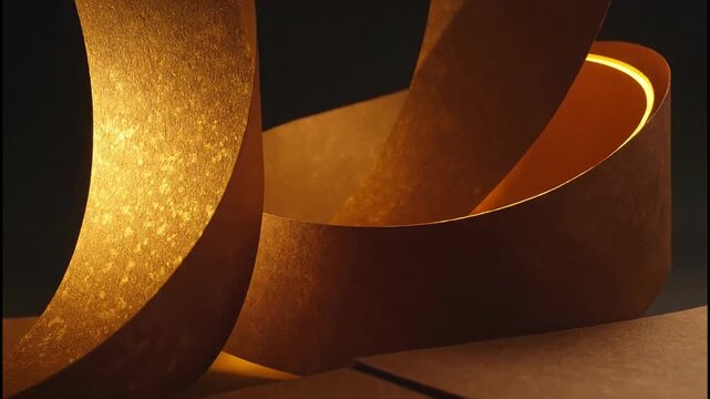Golden paper ribbons curl and twist, creating an abstract and elegant composition.