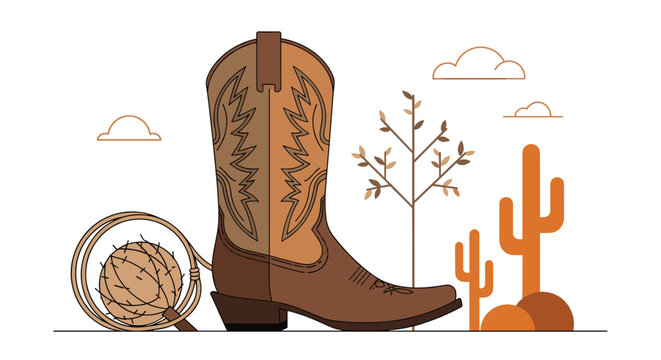 Western themed vector illustration featuring a brown cowboy boot with a tumbleweed and saguaro cacti under a clear desert sky.