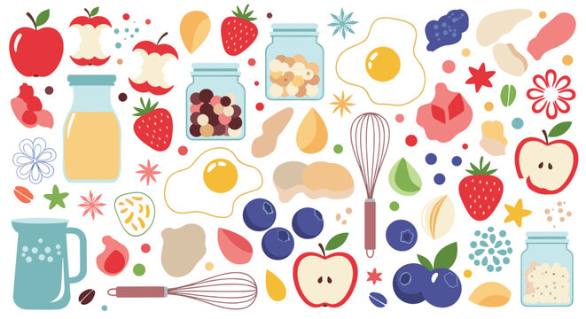 Massive variety of food and kitchen icons including fresh fruits berries eggs milk jars and whisks in a colorful flat design.