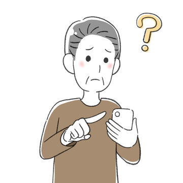 スマホを操作して疑問に思うシニア男性
