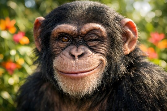 This delightful and clear photo shows a happy chimpanzee smiling warmly amidst colorful flowers. It is exceptionally suitable for positive animal stories zoo advertisements and nature magazines.