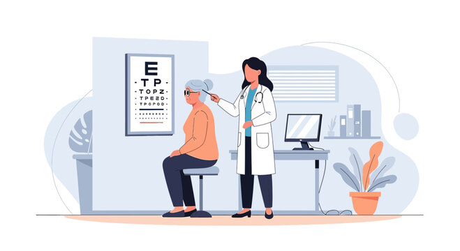 Doctor examining elderly woman's eye with eye chart in clinic