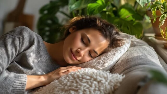 A young woman naps peacefully on a cozy sofa, sunlight warming her face; soft blanket and indoor plants add calm, intimate mood as she smiles gently with eyes closed at sunrise and content