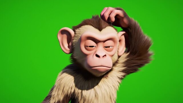 A puzzled monkey scratches its head while standing alone in a plain green environment.