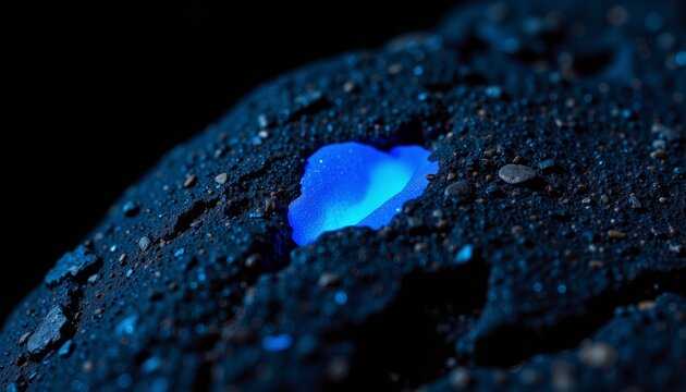 Close-up of Glowing Blue Crystal Embedded in Dark Rocky Surface Under Low Light