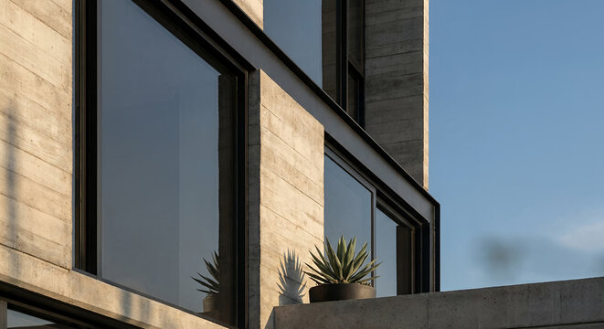 A close-up shot of a modern concrete building with large windows and a potted agave plant on a ledge, set against a clear blue sky.