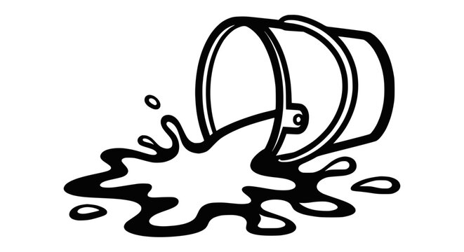 Spilled Bucket Pouring Liquid, Messy Splash, Outline Illustration