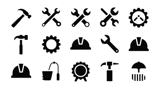Minimalist labor day icons set with construction tools and industrial symbols in black silhouette on white background