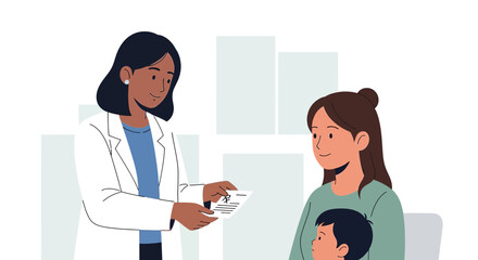 Fototapeta premium Doctor Consults Mother and Child, Discussing Health in a Clinic Setting