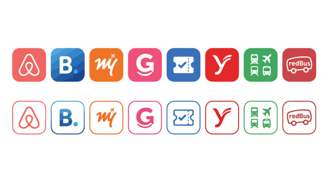 travel app icon set or hotel booking logos, Airbnb, Booking.com, MakeMyTrip, Goibibo, Cleartrip, Yatra, Ixigo, redBus, flight and bus tickets, vacation rental icons, flat vector web app collection set