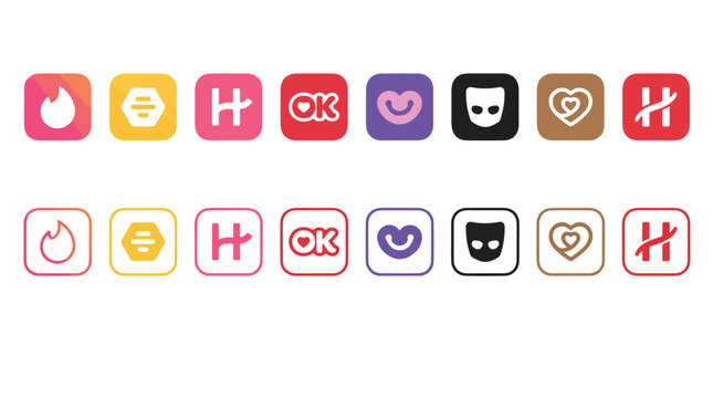 dating app icons set or social network logos collection, tinder, bumble, hinge, okcupid, badoo, grindr, coffee meets bagel, happn, flat vector icons for mobile UI interface design and web apps set