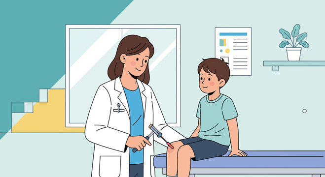 Doctor checks child's reflexes with reflex hammer in a clinic examination room