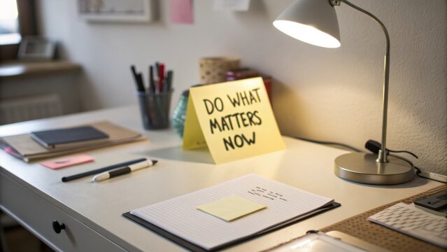 Desk with a motivational sticky note reminder 'Do What Matters Now' and office supplies