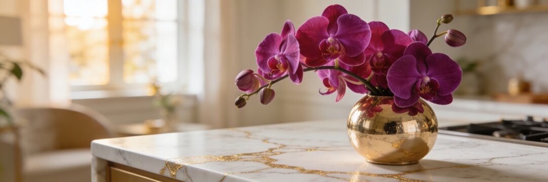 Modern kitchen scene featuring polished marble island with blooming orchid in golden vase under soft daylight conveying sophistication and comfort for home decor marketing visuals