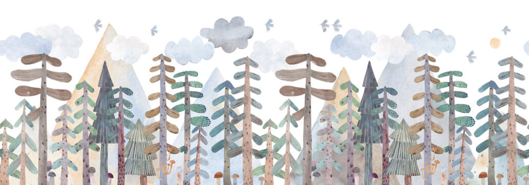 Forest landscape, cute trees, tall firs, mountains and mushrooms. Watercolor illustration. Decor for children's room. Wallpaper.