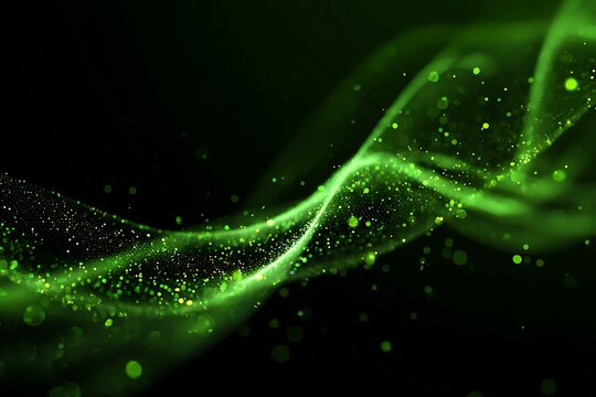 high contrast green tech wave, glowing mesh and particles,