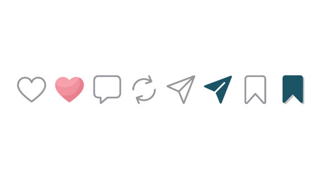 social media icon set, like heart, comment, repost, share paper plane, save bookmark buttons. social network notification signs. flat vector UI elements for mobile app and web design interface.